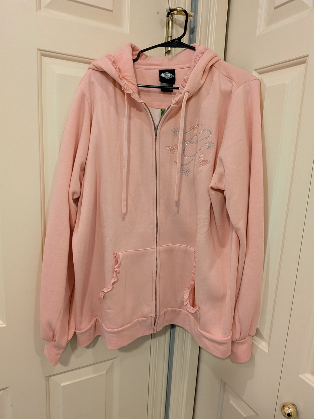 Glinda Pink Zip Hoodie with Rhinestones And Lace